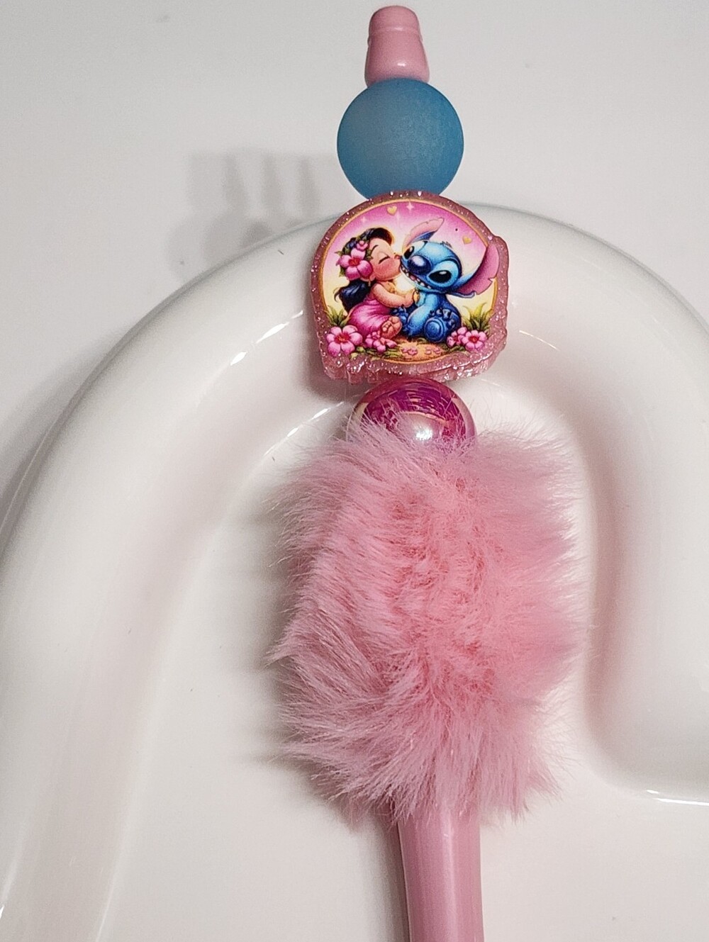 Blue Alien Beaded Pen Pink Pompom Refillable Black Ink Gift